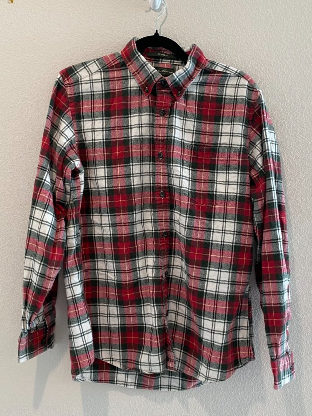 Eddie Bauer Men Plaid Flannel Shirt Small Red Green White Cotton Relaxed